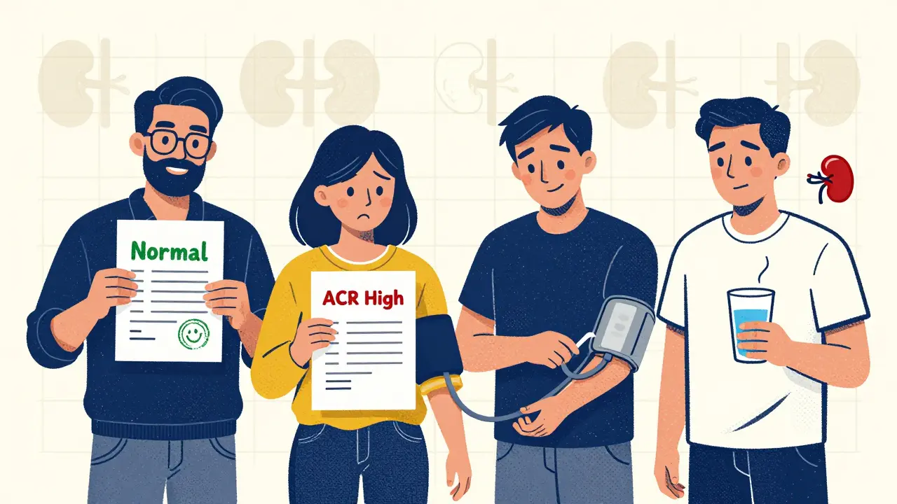 Four people holding kidney test results with medical symbols in background