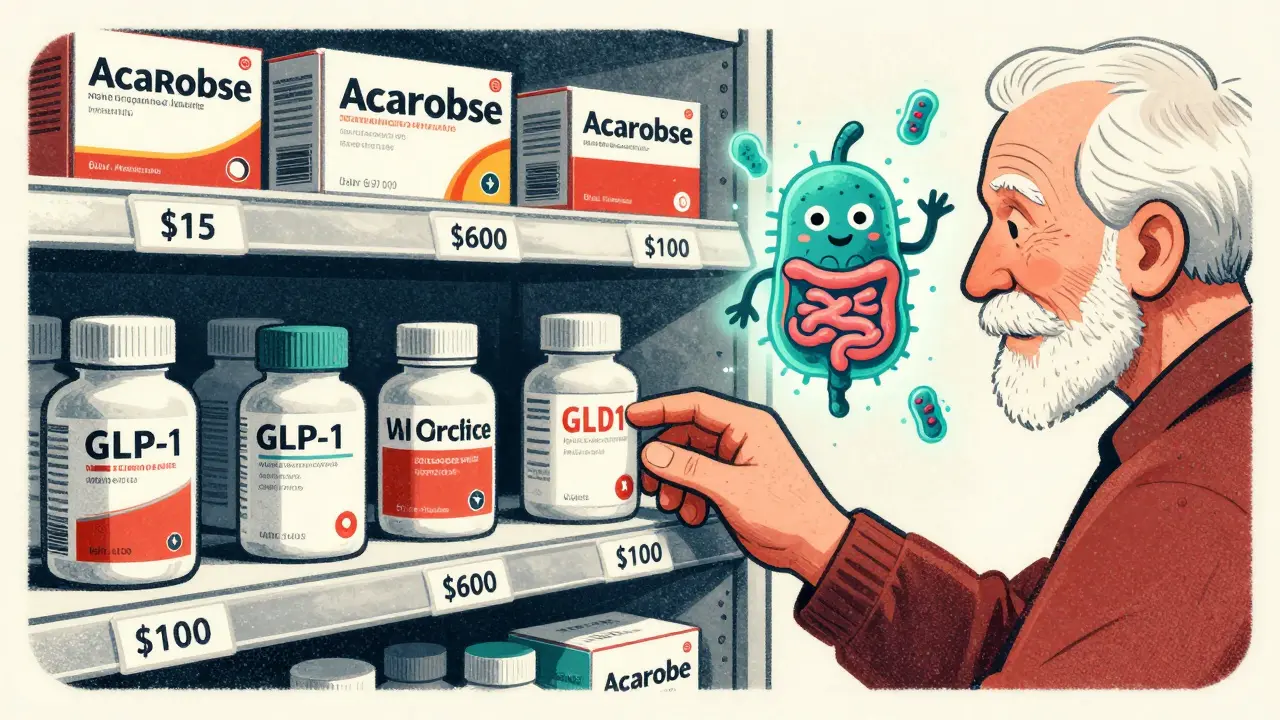 Generic diabetes pill next to expensive alternatives on pharmacy shelf, senior choosing cost-effective option.