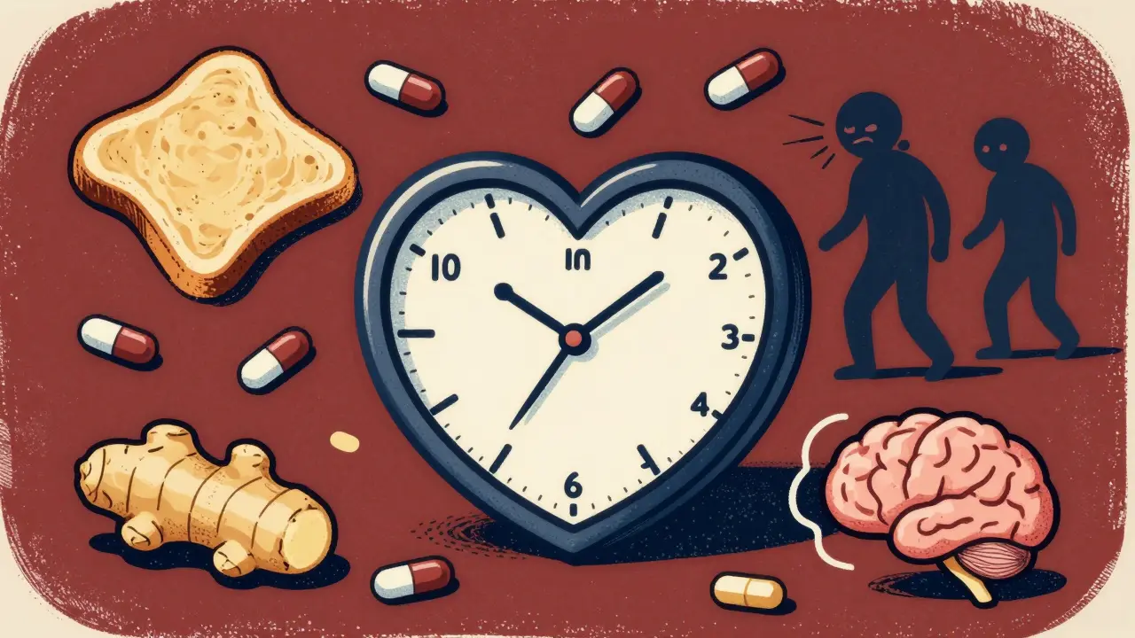 Heart-shaped clock at 7 AM with medication symbols, nausea and dizziness fading away in background.