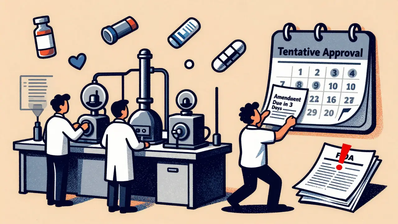 Manufacturing facility with worker rushing to submit final amendment before FDA inspection deadline.