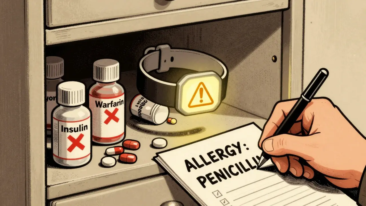 Medical alert bracelet above medicine cabinet with dangerous drugs marked with X's.