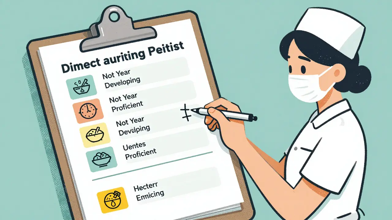 Nurse uses a color-coded rubric to assess insulin injection skills.