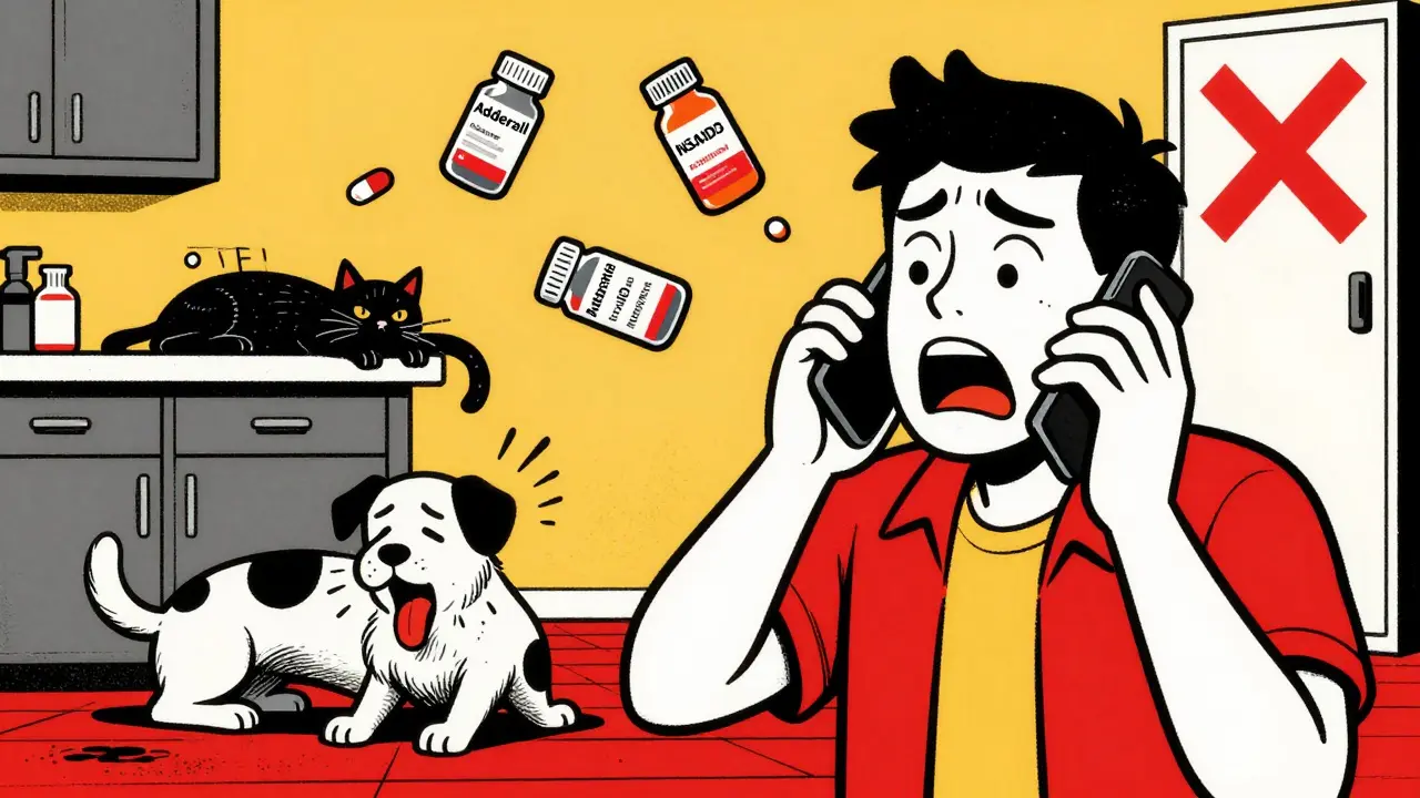 Panicked owner on phone as pet trembles, floating pill icons and locked medicine cabinet in background.