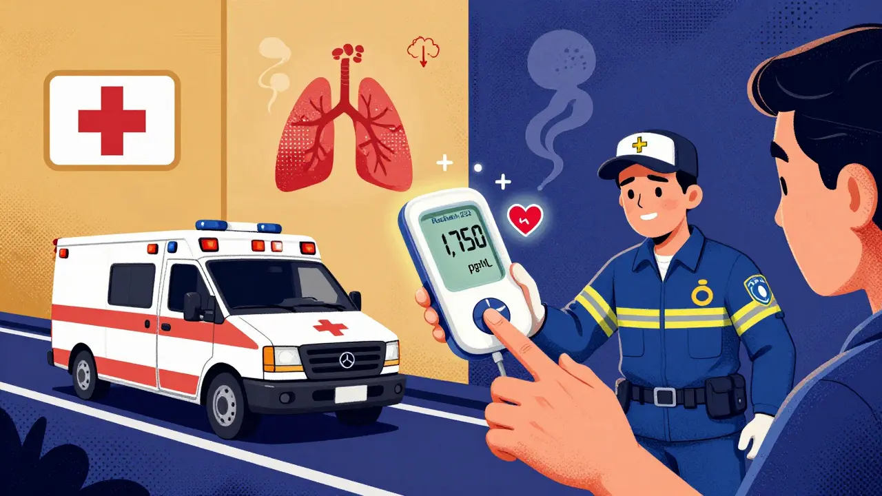 Paramedic using a point-of-care device in an ambulance, displaying a high NT-proBNP reading with dual medical path options.