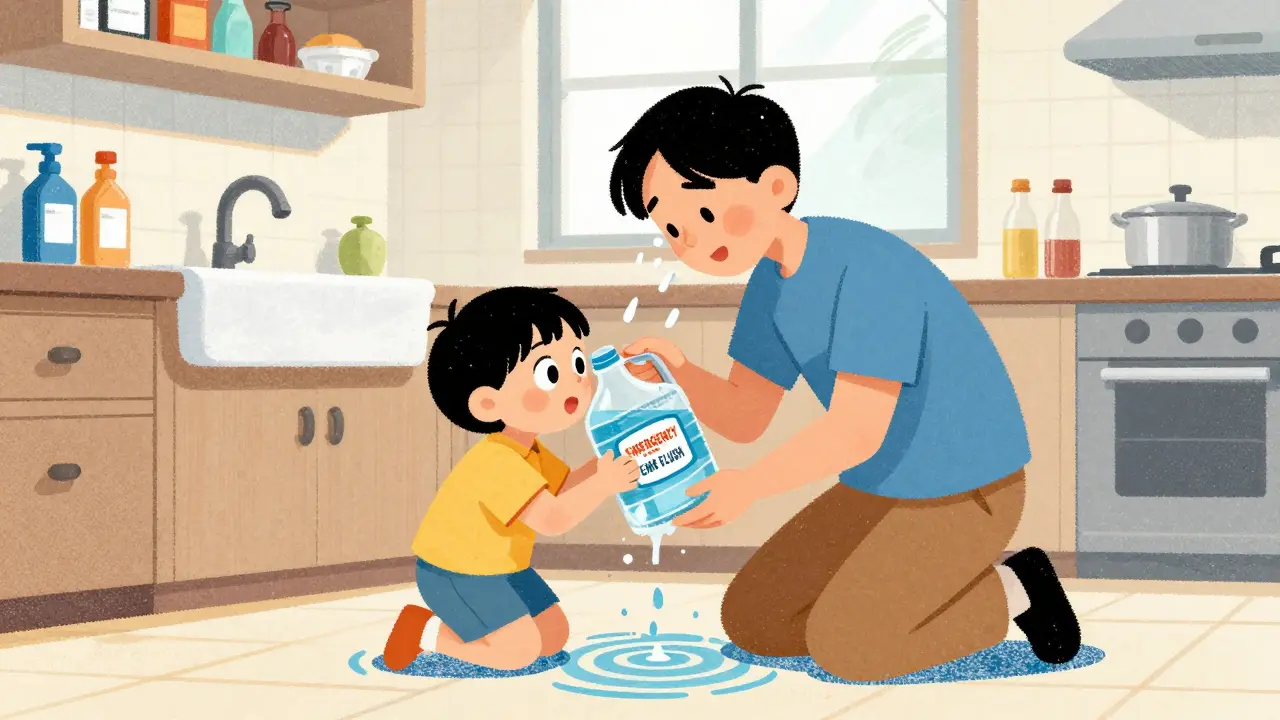 Parent teaching child to flush eye with water jug in kitchen, chemical bottles safely stored, warm lighting.