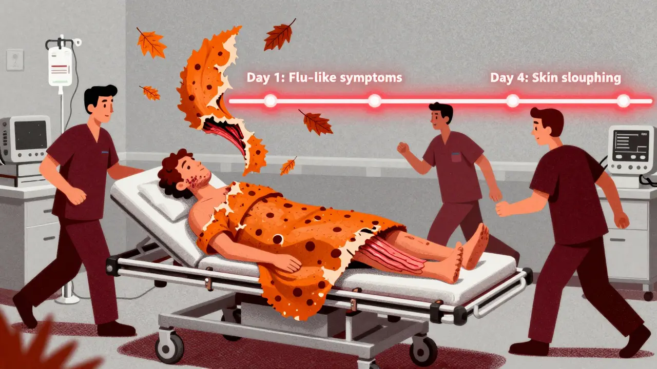 Patient in hospital with skin peeling like leaves, medical team responding urgently.