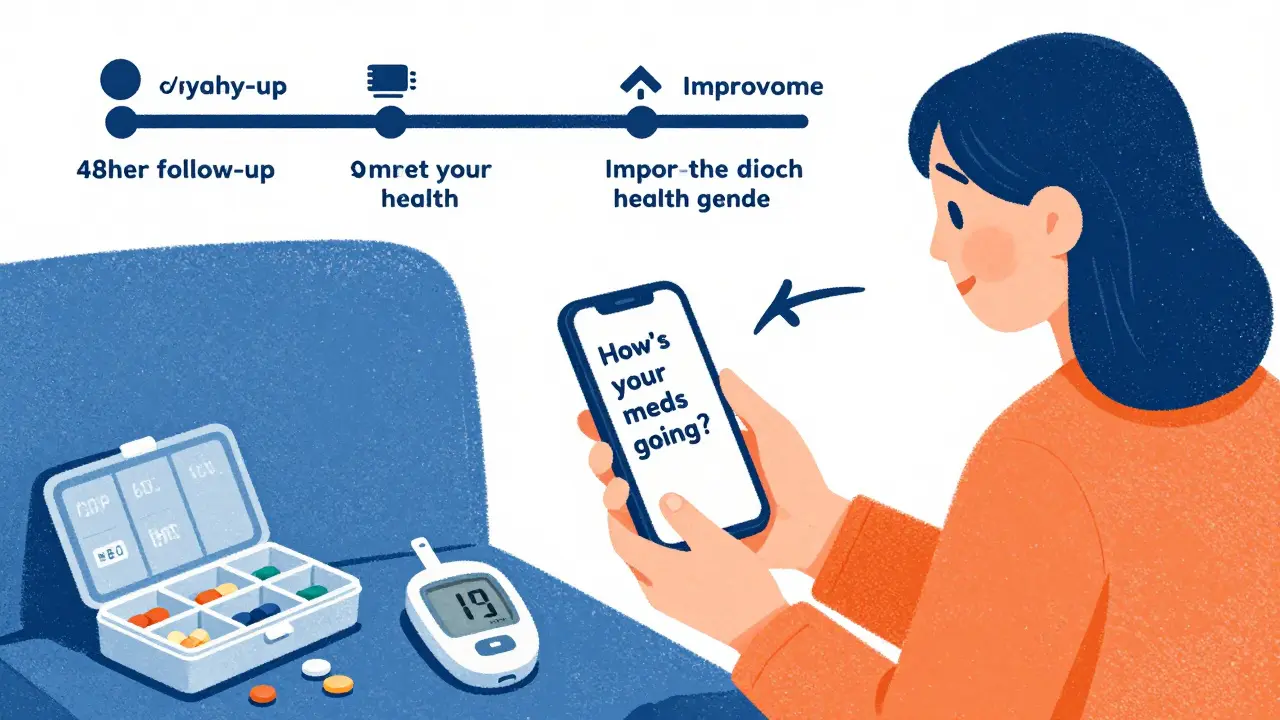 Patient receives a supportive text message at home with health tools nearby.