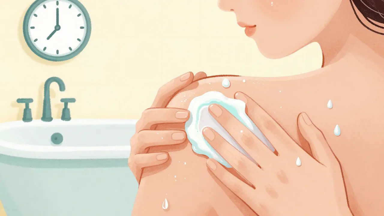 Person applying emollient after a bath, water droplets on skin, clock showing 3 minutes.