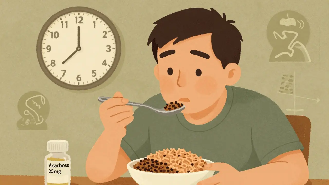 Person eating healthy carbs with acarbose pill and weeks passing in background, cartoon style.