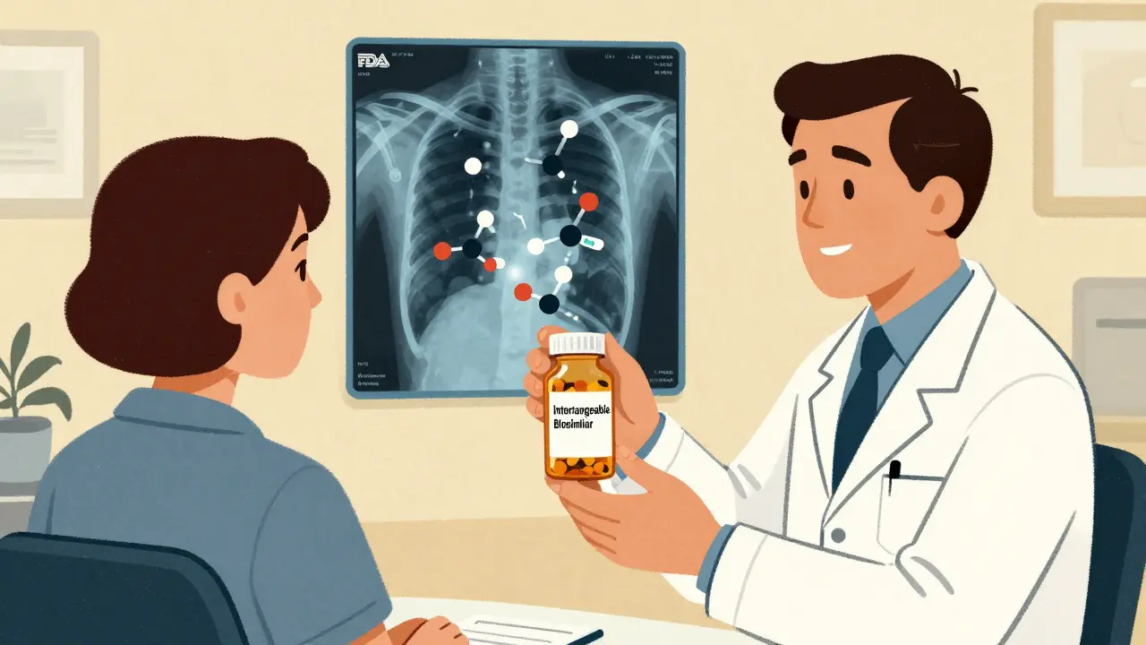 Pharmacist giving biosimilar to patient, with transparent molecular structures floating behind them in FDA-approved design.