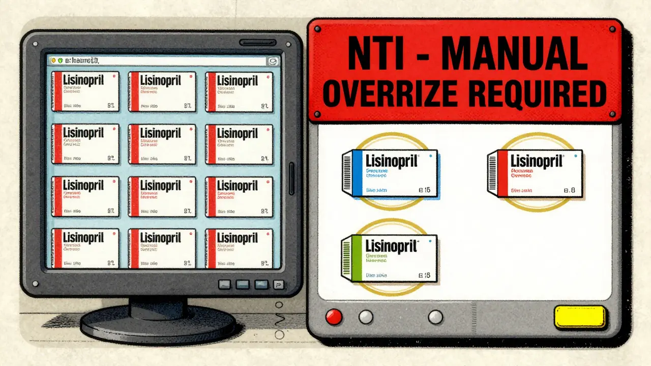 Pharmacy screen showing 17 generic options with three highlighted authorized generics and a red NTI warning for warfarin.
