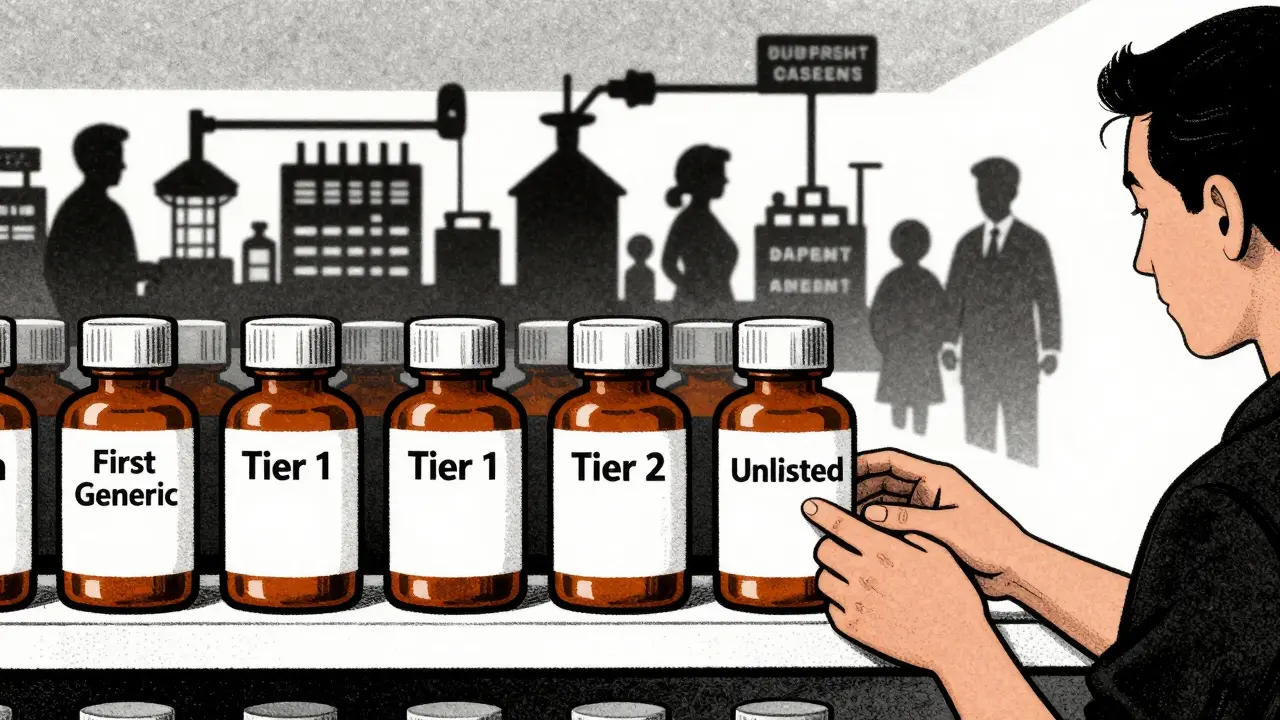 Pharmacy shelf with generic drugs labeled by tier, patient reaching for cheapest option