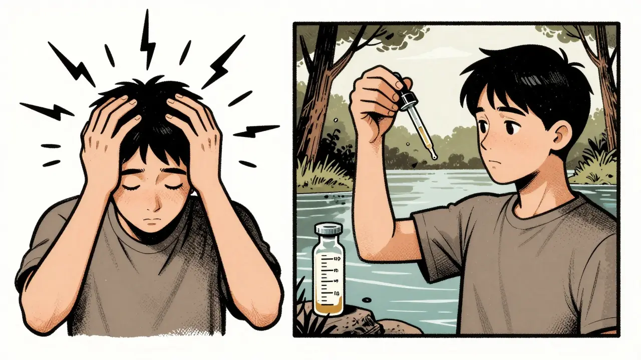 Split illustration: one side shows distress from abrupt cessation, the other shows calm micro-dosing with liquid formulation.