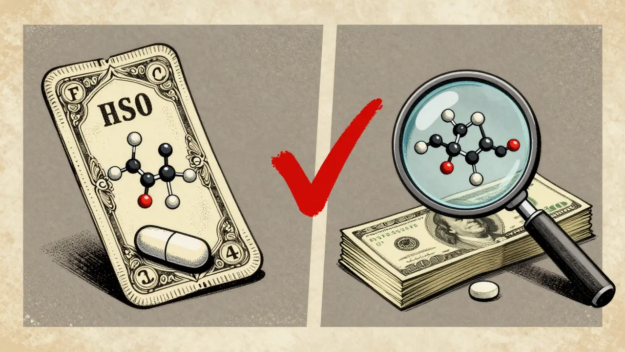 Split image comparing branded and generic pills with identical molecules inside, marked by a large checkmark.
