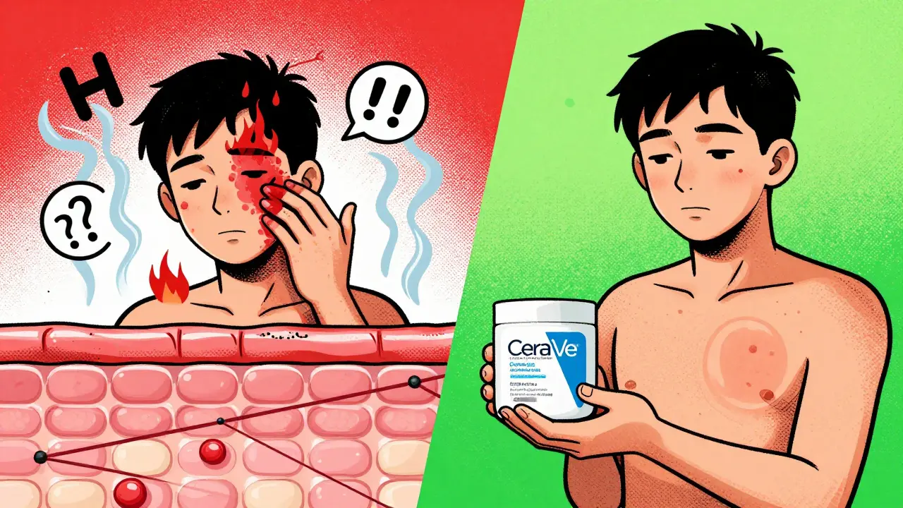 Split image: eczema flare vs. healed skin with ceramides rebuilding barrier, screenprint aesthetic.