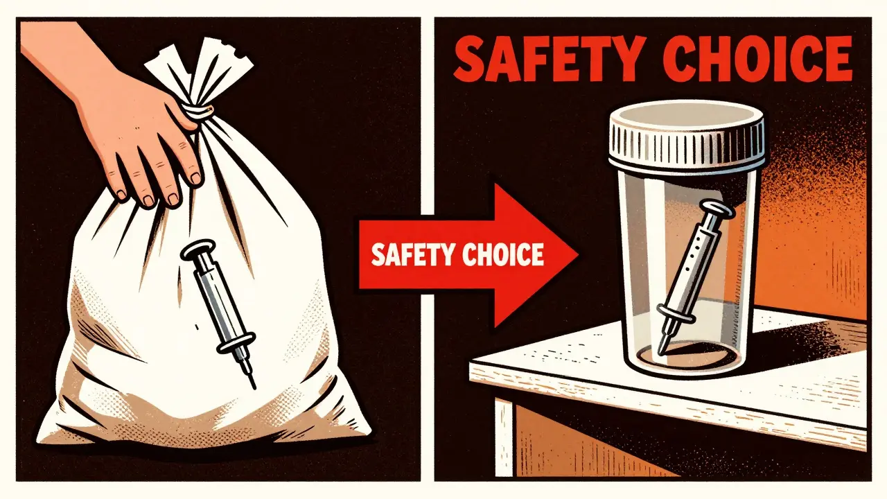 Split image showing unsafe needle disposal vs. safe storage in a locked container.