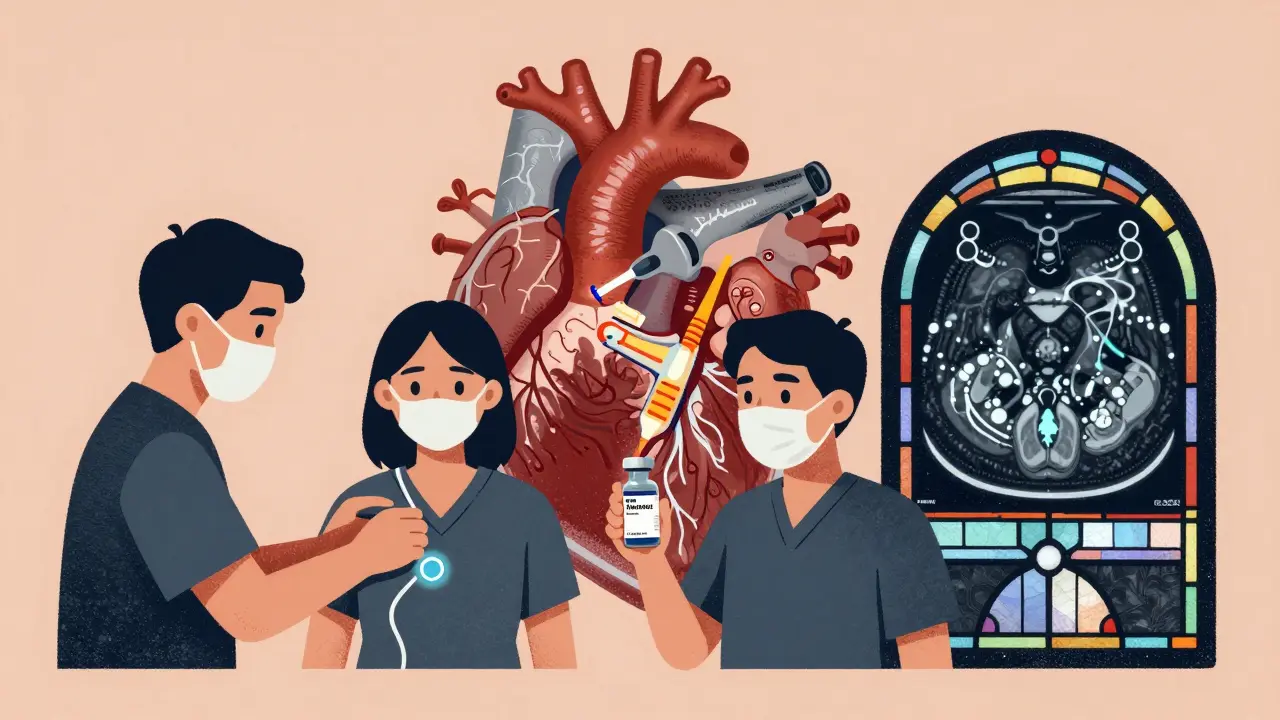 Three patients with cardiomyopathy treatments and diagnostic tools shown in screenprint aesthetic with symbolic heart details.