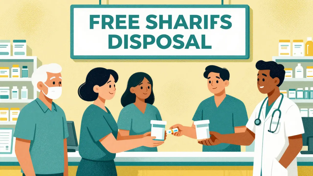 Three people handing sealed sharps containers to a pharmacist at a community pharmacy.