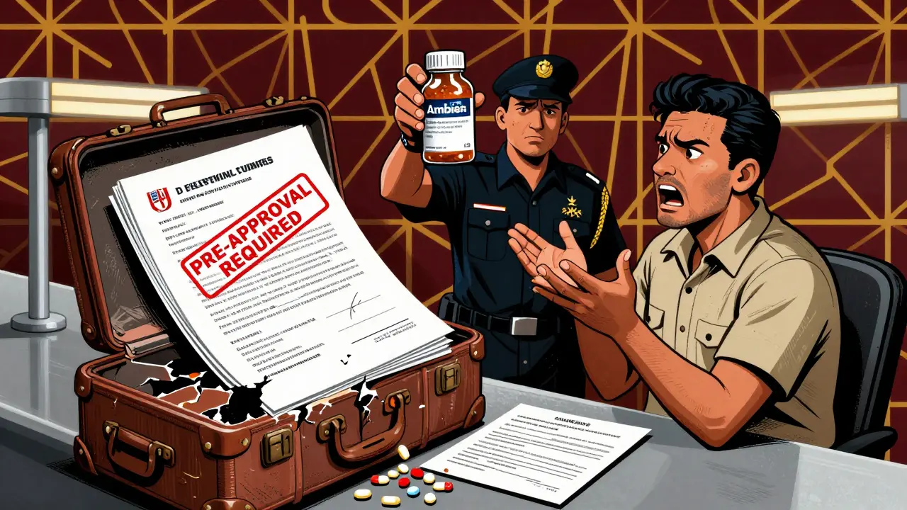 Traveler at Dubai customs with confiscated Ambien and official documents.