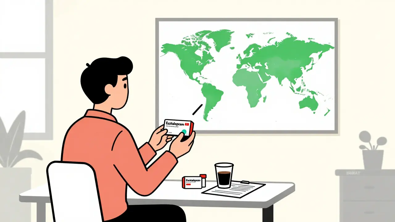 Traveler receiving new prescription in Berlin clinic with EU map showing approved countries.