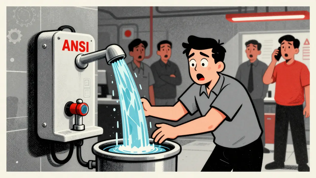 Worker using workplace eyewash station, water flowing, colleagues reacting, industrial setting with safety signage.