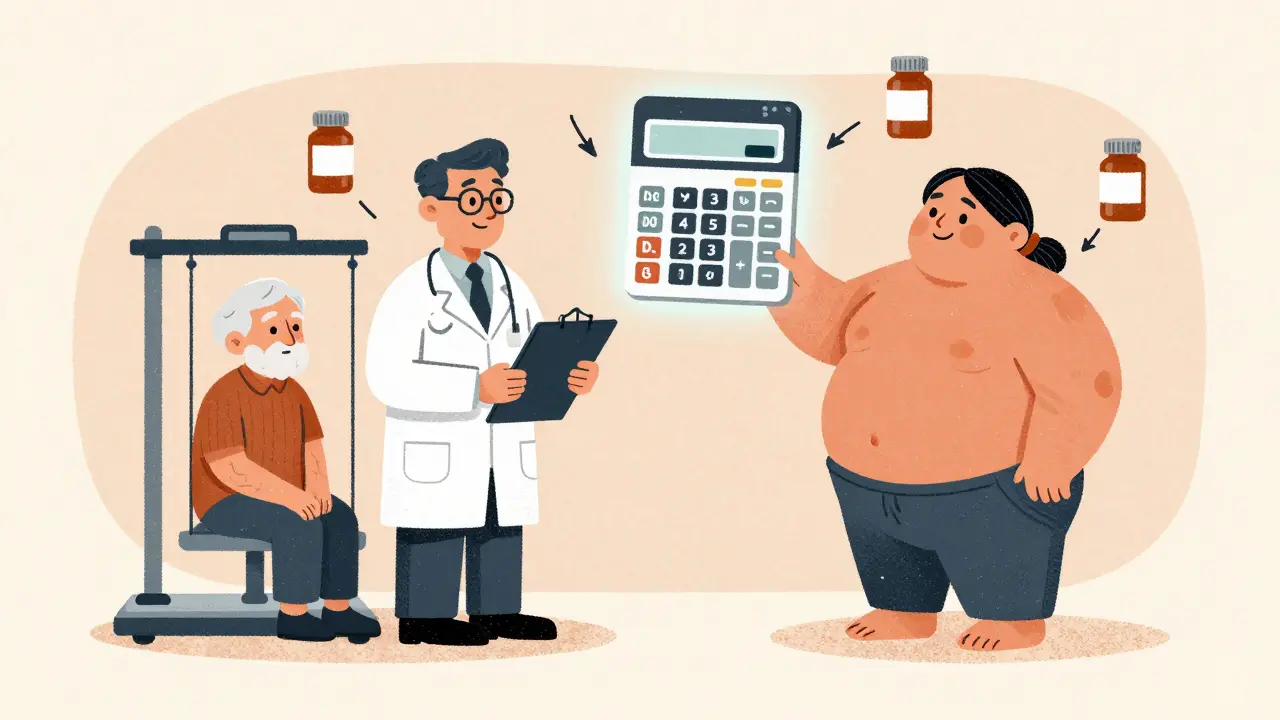 A pharmacist calculating adjusted dosing for two patients of different body types using a floating calculator.