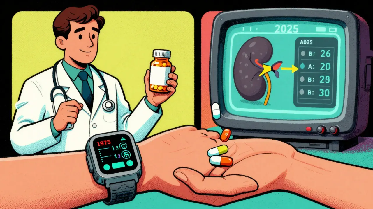 A wearable device adjusting pill sizes in real-time, contrasted with past and future dosing methods.