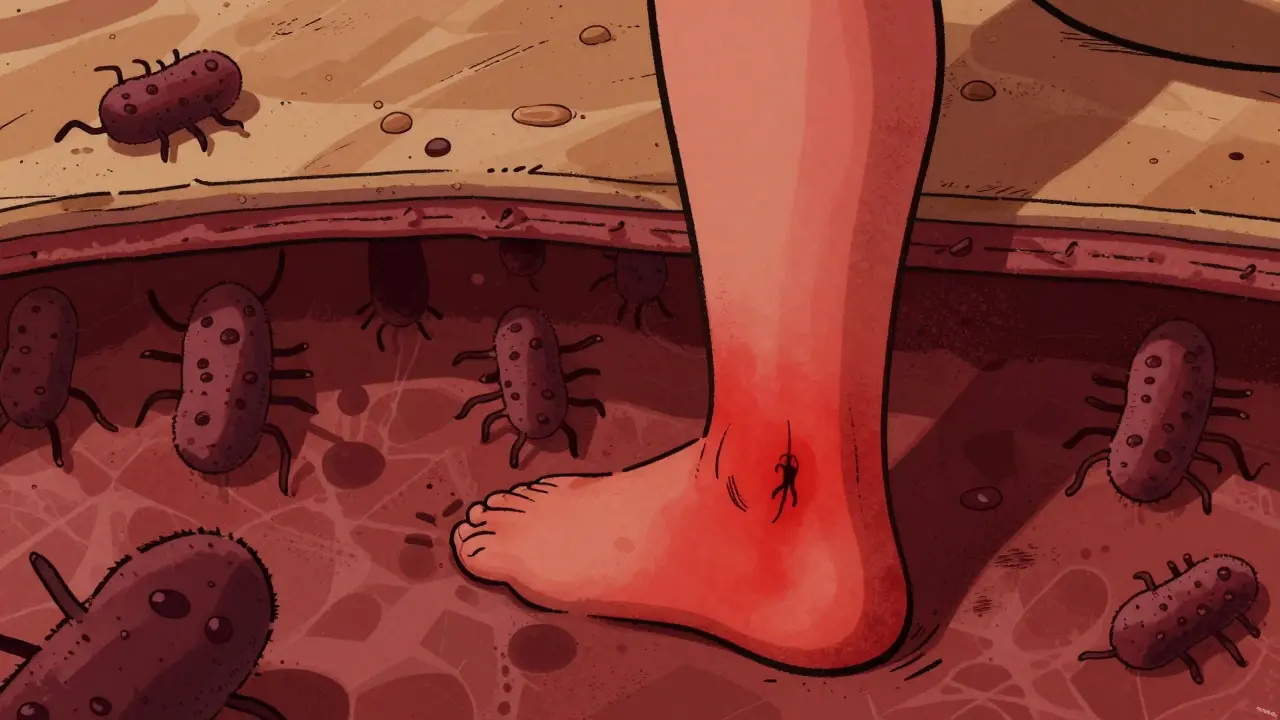 Adult leg with spreading red swelling from a small cut, bacteria beneath skin