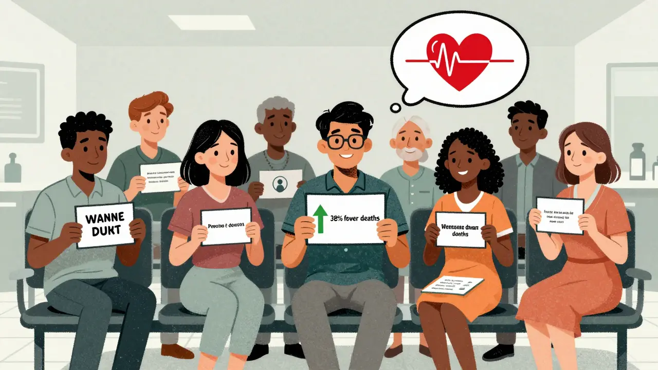 Diverse patients in a clinic holding drug labels, one smiling at an icon showing reduced death risk with clear visual cues.