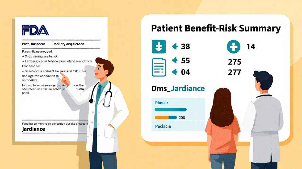 Doctor and patient comparing a traditional text-heavy drug label with a clear icon-based benefit-risk summary.