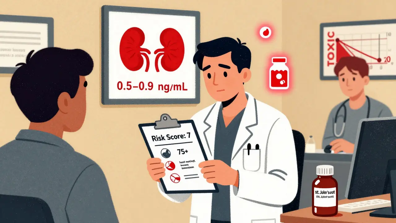 Doctor’s office with patient holding high-risk score chart, glowing red icons of kidney, age, and drug interactions.
