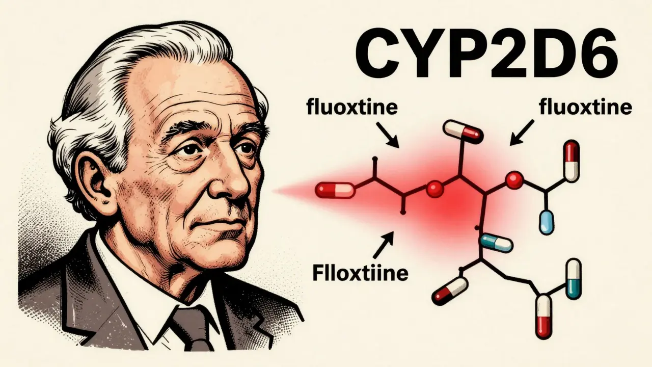 Elderly patient and CYP2D6 enzyme diagram with drug interaction arrows, highlighting metabolic risks.