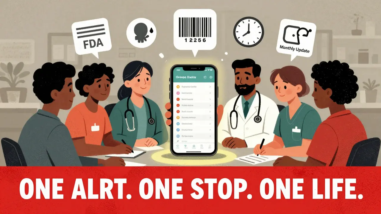 Group of people reviewing a smartphone medication list with floating automated alert icons and a 'Monthly Update' clock.