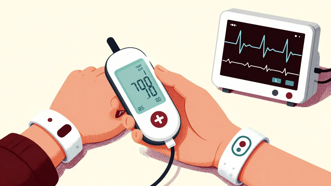 Handheld device displaying TCA blood levels beside ECG monitor, representing next-gen monitoring.
