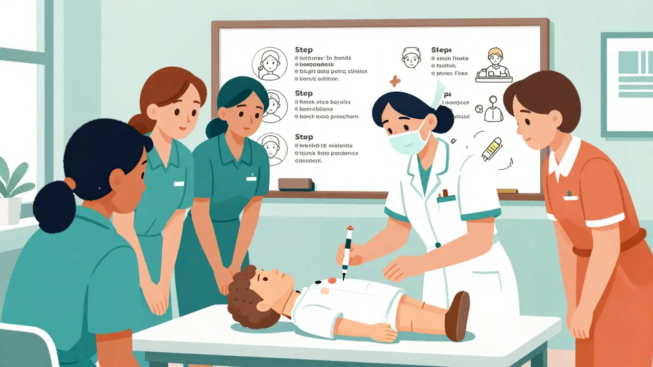 Nurse training staff on insulin administration using a mannequin, with protocols on a whiteboard.
