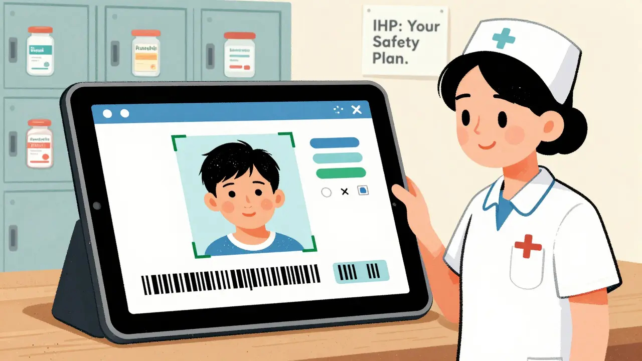 Nurse using a tablet for medication verification with facial recognition, labeled lockers in background.