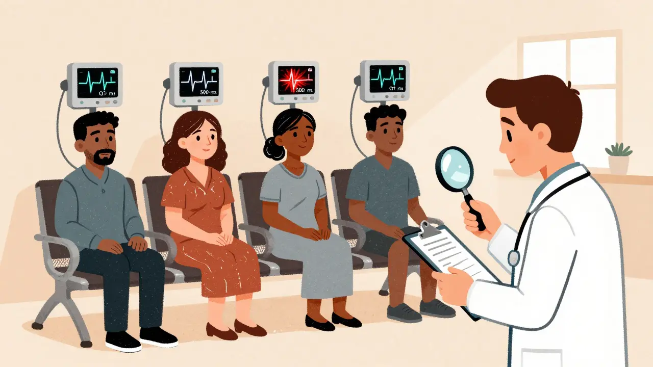 Patients in a clinic with ECG readouts above their heads, one spiking dangerously high as a clinician observes.