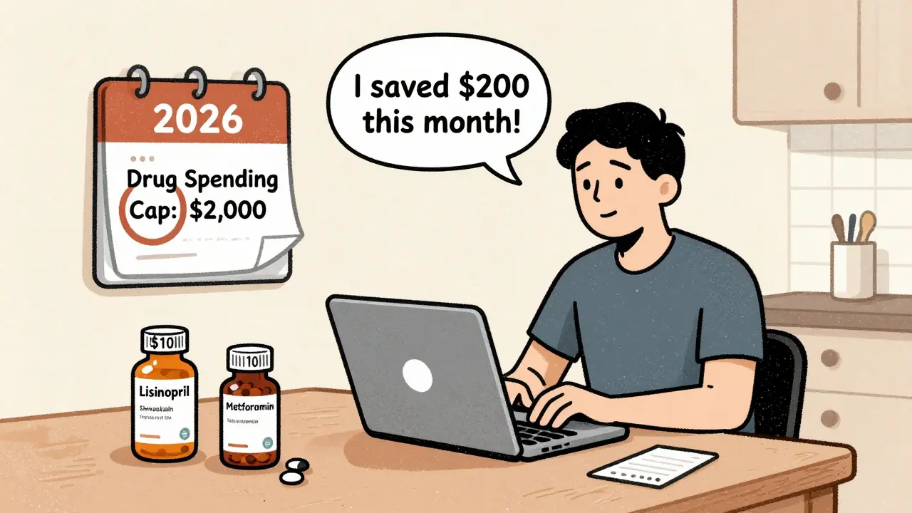 Person at kitchen table with pet meds and RXOutreach website open, saving money on monthly prescriptions.