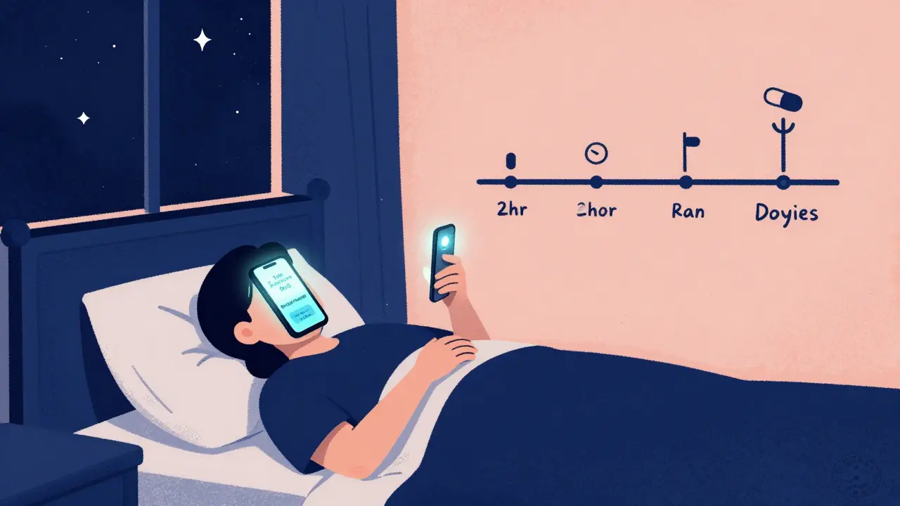 Person in hotel bed with two phone alarms for seizure medication, starry window, and time zone shift timeline on wall.