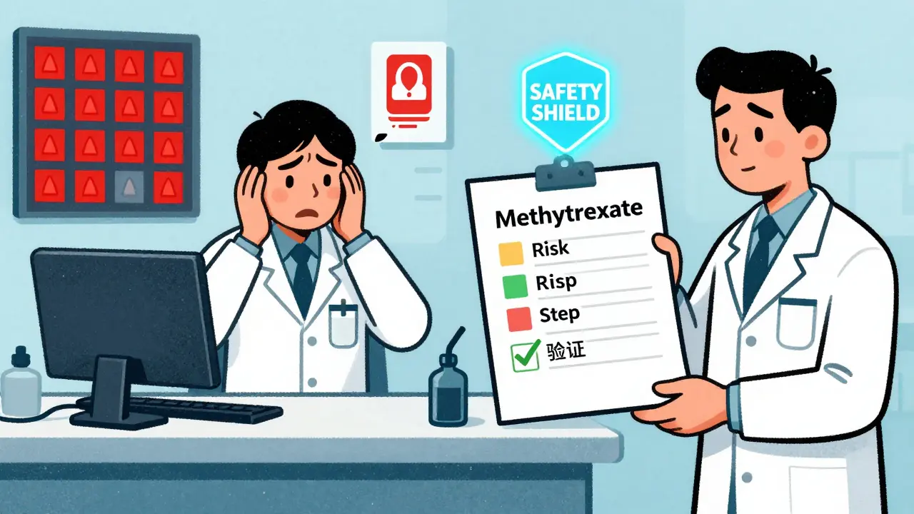 Pharmacist comparing overwhelming digital alerts on left to a clean, color-coded paper medication list on right with a green checkmark.
