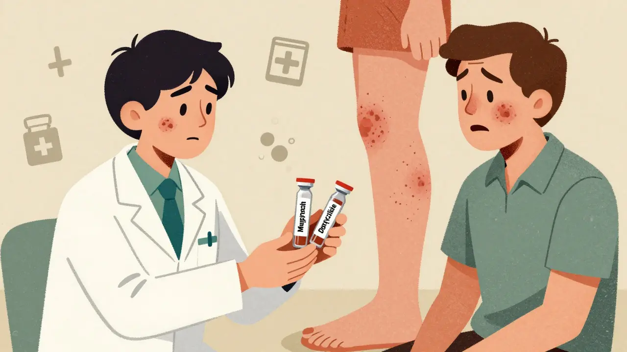 Pharmacist handing two antibiotics to patient, split background of infections