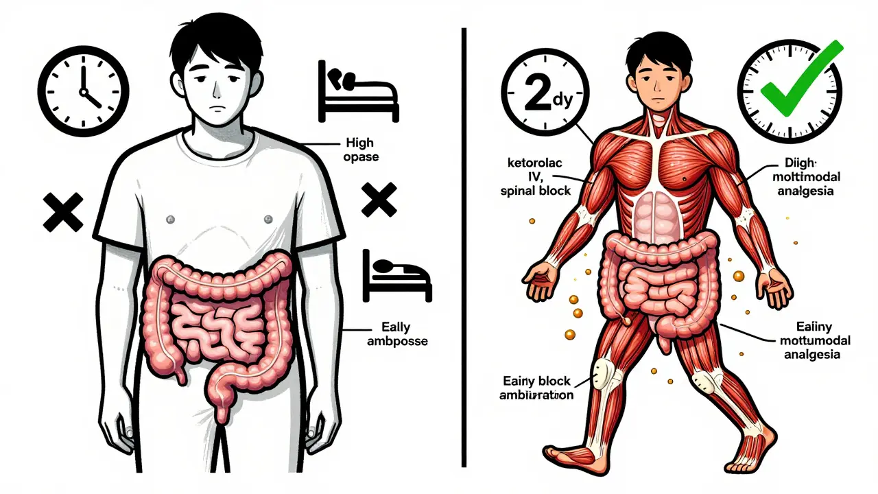 Side-by-side comparison: sluggish gut with opioids vs. active gut with multimodal pain relief and early mobility.