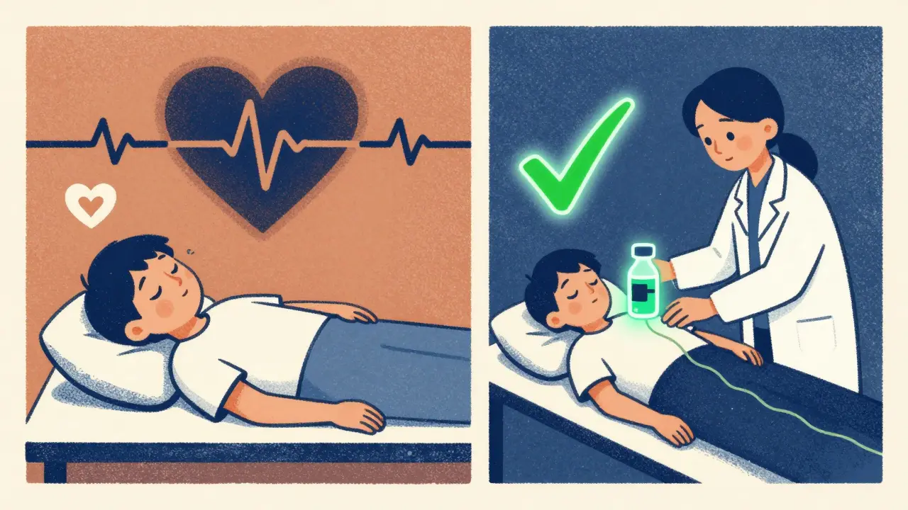 Split image: sleeping patient with danger shadow vs. same patient safely monitored with ECG and electrolytes.