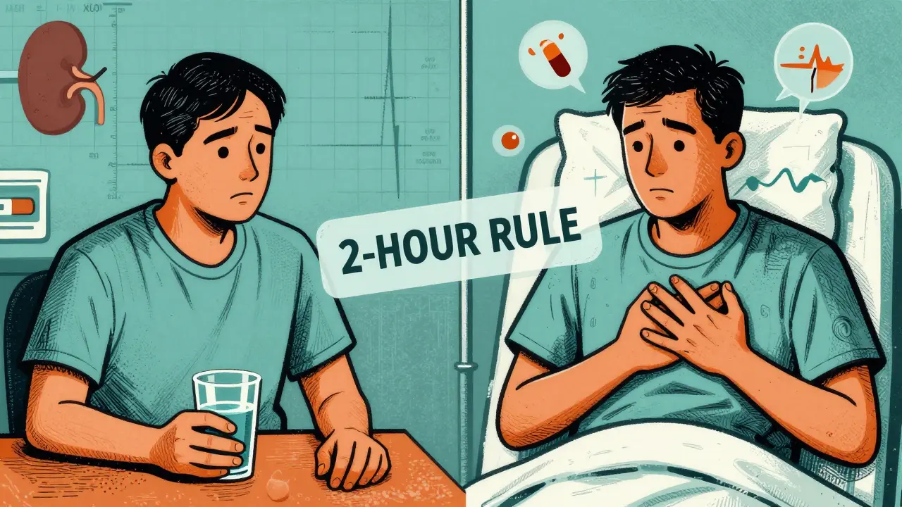 Split scene: calm patient taking digoxin at night vs. same patient in ER with symptoms of toxicity.