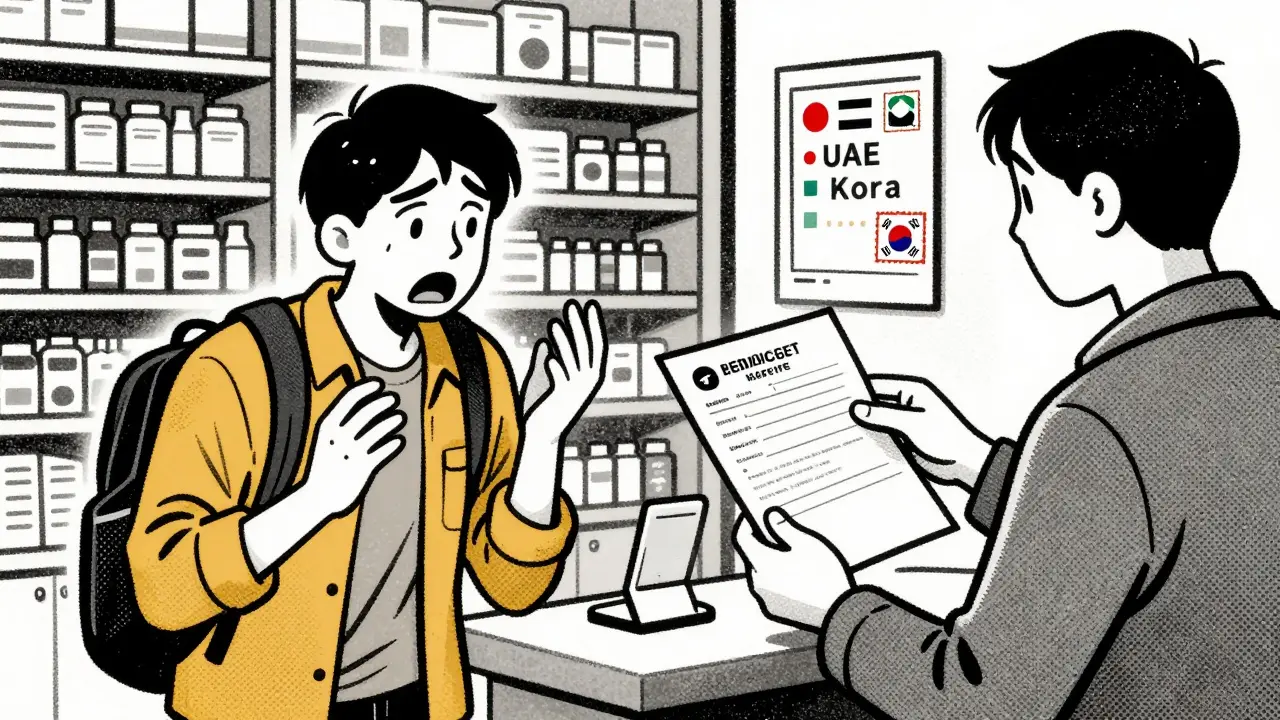 Split scene: traveler panicking in foreign pharmacy vs. confidently presenting doctor’s letter and medication list.
