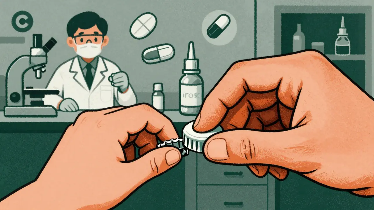 A child's hand struggles to open a medicine cap while an adult's hand easily pushes and turns it.