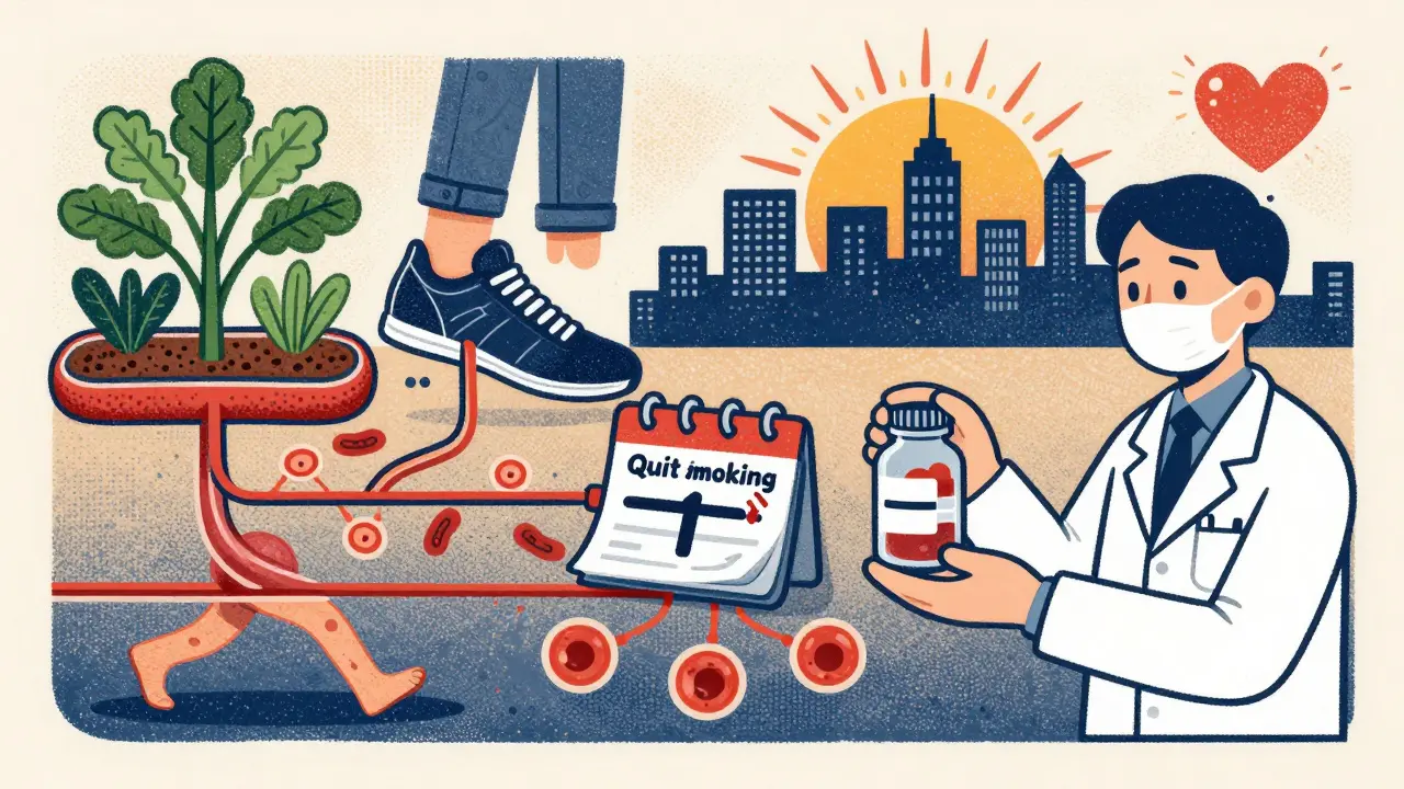 A healthy lifestyle rebuilds heart health through food, exercise, and quitting smoking, shown as symbolic, interconnected elements.