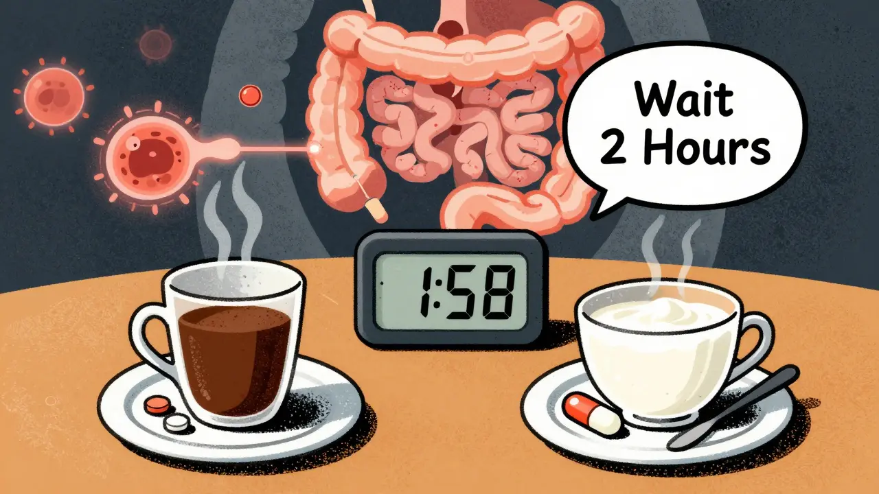 A person taking antibiotic and probiotic at separate times with a timer showing two hours, in graphic screenprint aesthetic.