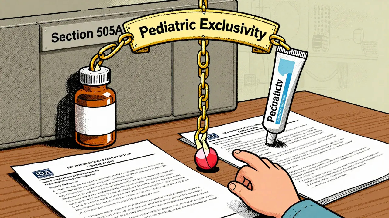 A pill, liquid, and cream are chained together by a golden six-month exclusivity shield, while generic bottles are held back by regulatory barriers.