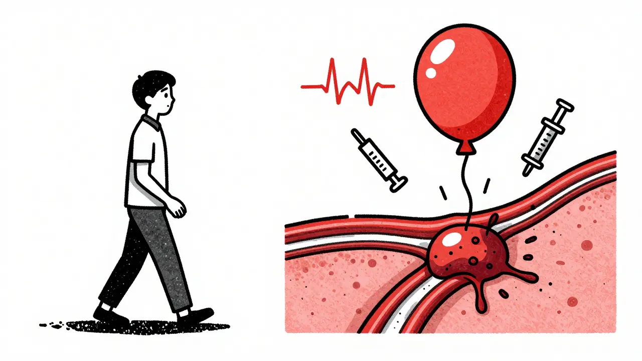 A ruptured artery plaque triggering a blood clot, contrasted with medical tools and a calm patient on the opposite side.